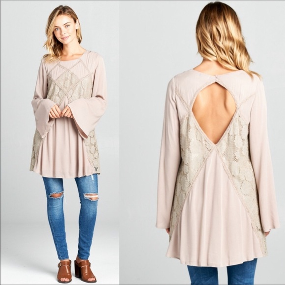Velzera Taupe Bell Sleeve Lace Tunic OSFM - Picture 1 of 4